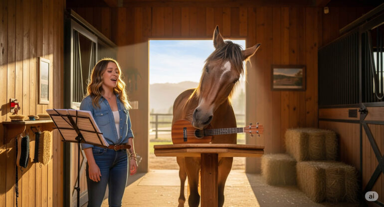 Un cheval apprend à jouer du ukulélé en Californie