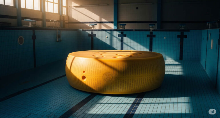 Un fromage géant de 1,2 tonne exposé dans une piscine municipale