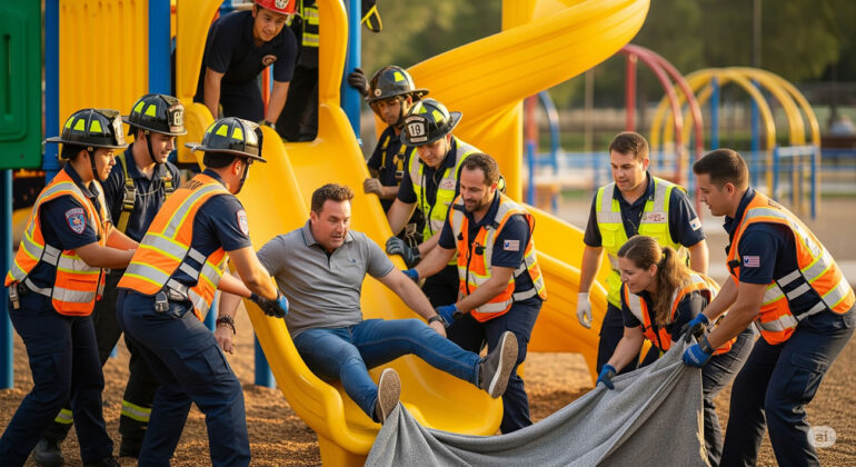 Un adulte coincé dans un toboggan pour enfant mobilise dix sauveteurs