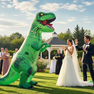 Un dinosaure gonflable interrompt un mariage en plein air