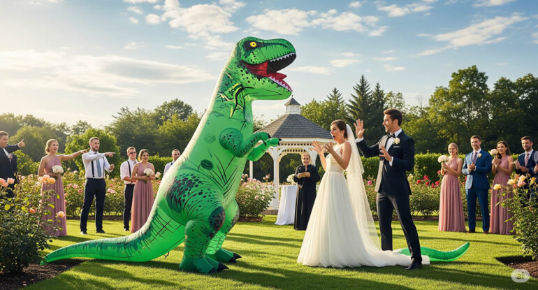 Un dinosaure gonflable interrompt un mariage en plein air