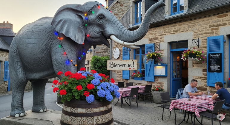 Un éléphant géant installé devant un restaurant en Bretagne pour attirer les clients
