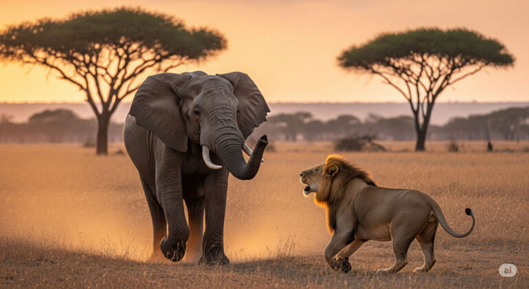 Un éléphant grincheux pourchasse un lion lors d’un safari au Kenya
