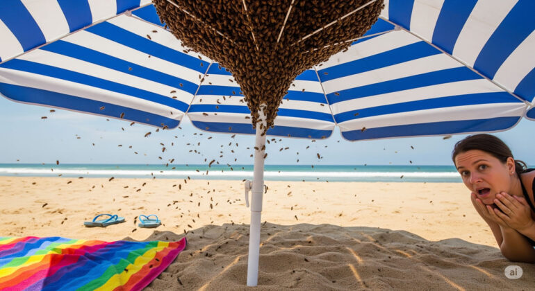 Un essaim de 4 000 abeilles s’installe sous le parasol d’un vacancier