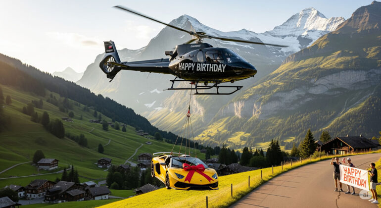 Une Lamborghini livrée par hélicoptère pour un anniversaire en Suisse