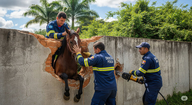 Une jument coincée dans un mur au Brésil… sauvée par les pompiers