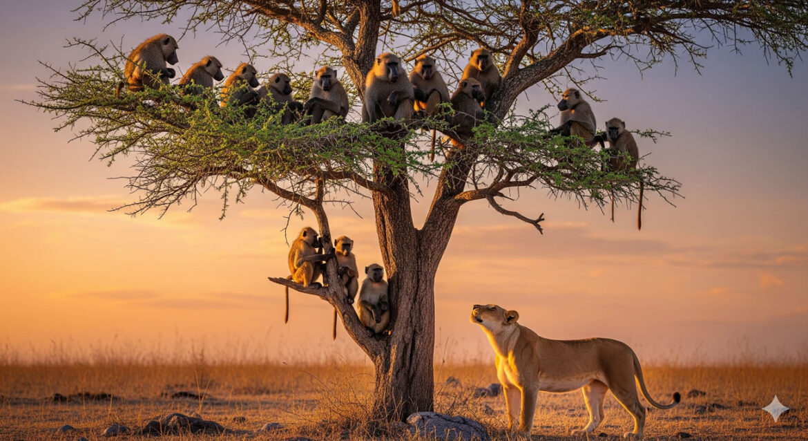 Une lionne affamée piège quinze babouins dans un arbre pendant une heure