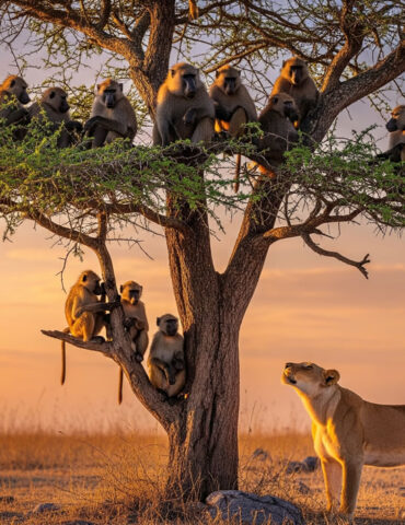 Une lionne affamée piège quinze babouins dans un arbre pendant une heure