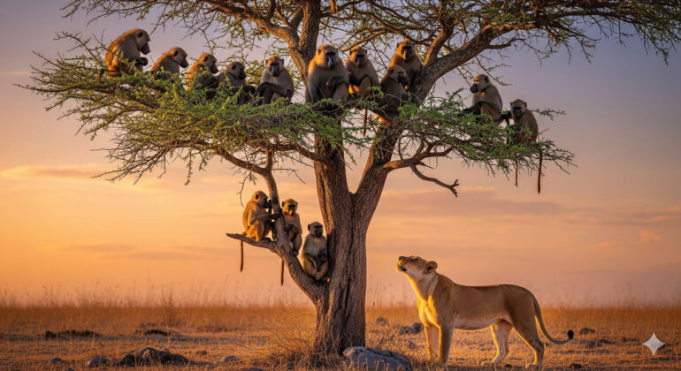 Une lionne affamée piège quinze babouins dans un arbre pendant une heure