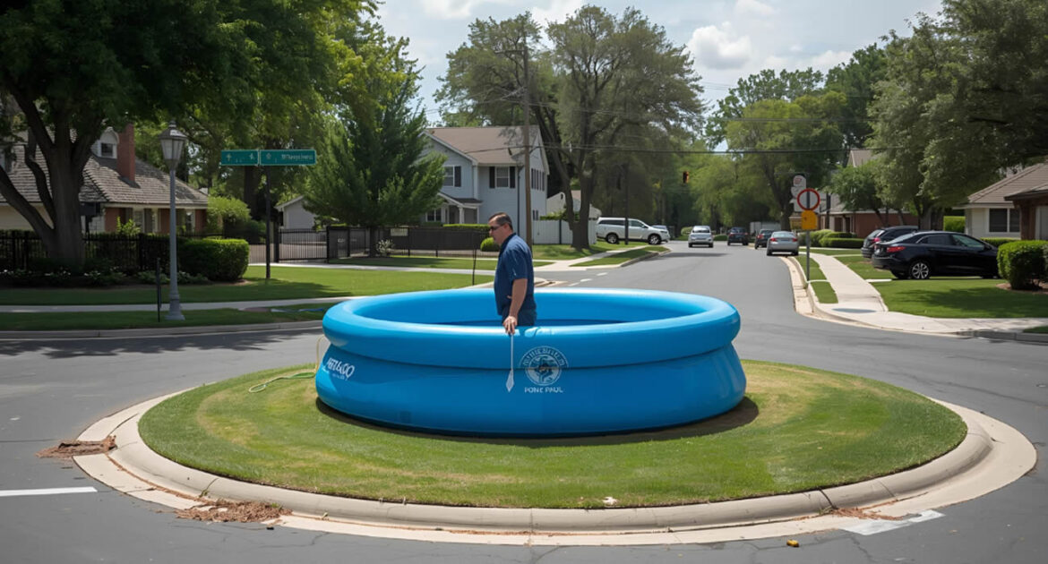 Un homme installe une piscine gonflable… dans un rond-point