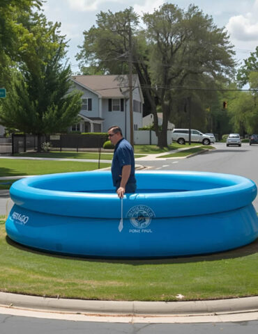 Un homme installe une piscine gonflable… dans un rond-point