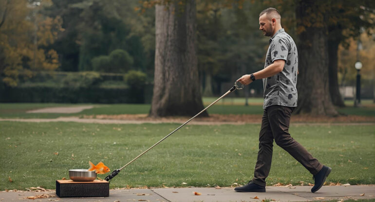 Un homme promène son poisson rouge… en laisse, dans un parc