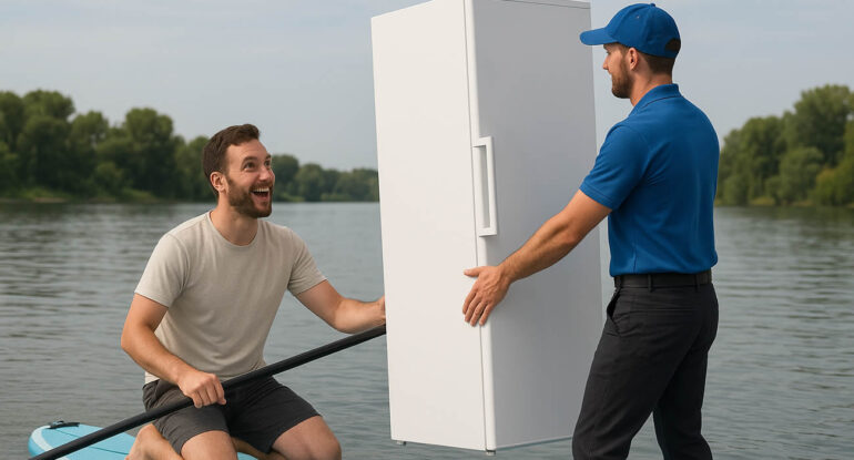Un homme se fait livrer un frigo… sur un paddle