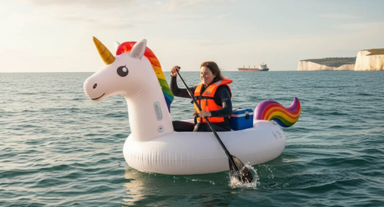 Une femme tente de traverser la Manche… en bouée licorne