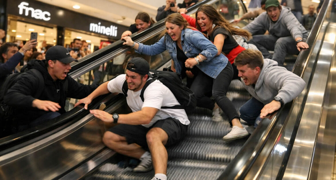 Des étudiants tentent de tenir debout sur… un escalator fou