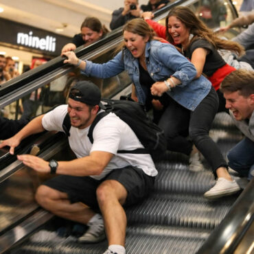 Des étudiants tentent de tenir debout sur… un escalator fou