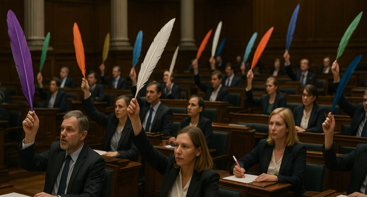 Un parlement expérimental vote… uniquement avec des plumes géantes trempées dans de l’encre colorée