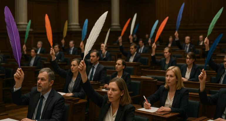 Un parlement expérimental vote… uniquement avec des plumes géantes trempées dans de l’encre colorée