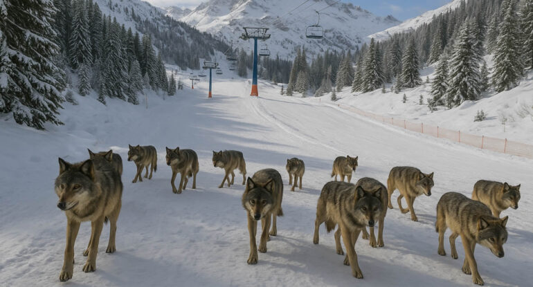 Une meute de loups croisée en bas d’une piste de ski