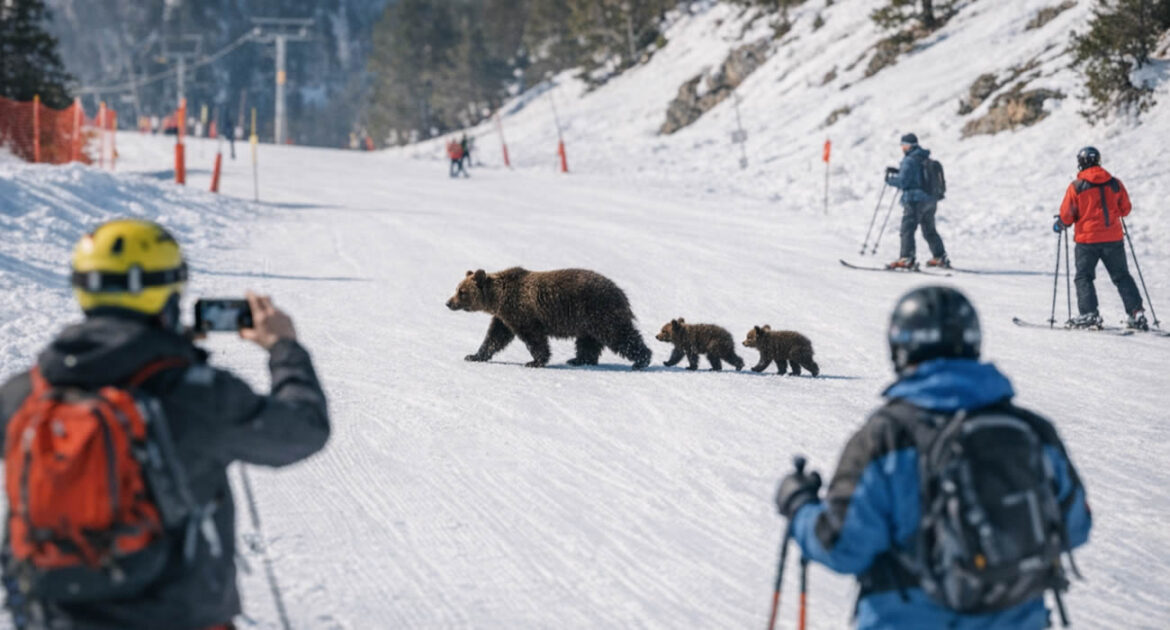 Une ourse et ses deux oursons traversent une piste de ski à Tavascan