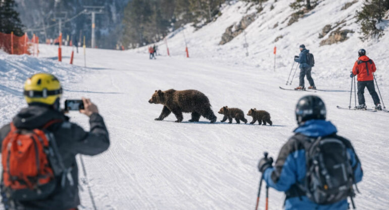 Une ourse et ses deux oursons traversent une piste de ski à Tavascan