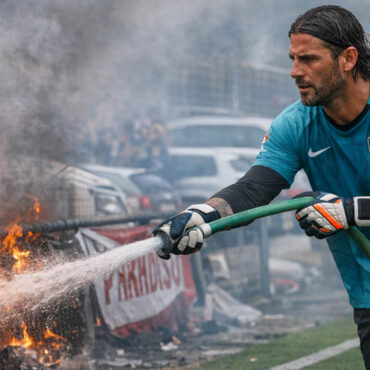 Un gardien de but éteint un incendie avec un tuyau d’arrosage pendant son match