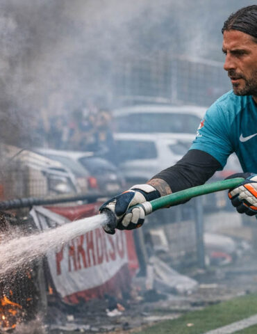 Un gardien de but éteint un incendie avec un tuyau d’arrosage pendant son match