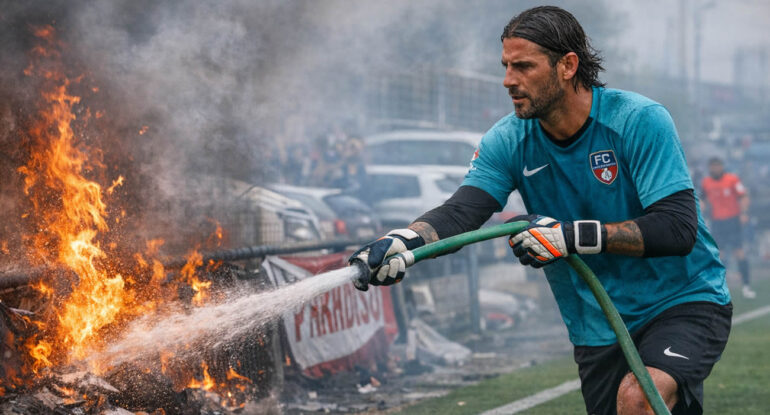 Un gardien de but éteint un incendie avec un tuyau d’arrosage pendant son match