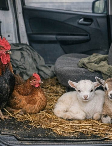 un agriculteur découvre un coq, une poule et deux chevreaux abandonnés dans sa camionnette