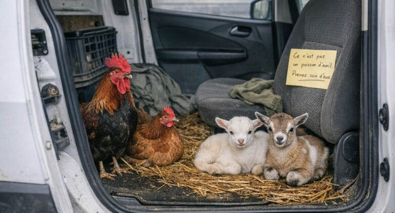 un agriculteur découvre un coq, une poule et deux chevreaux abandonnés dans sa camionnette