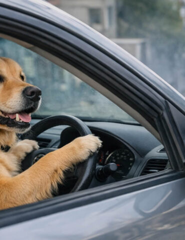 un chien met une voiture en mouvement et provoque un embouteillage
