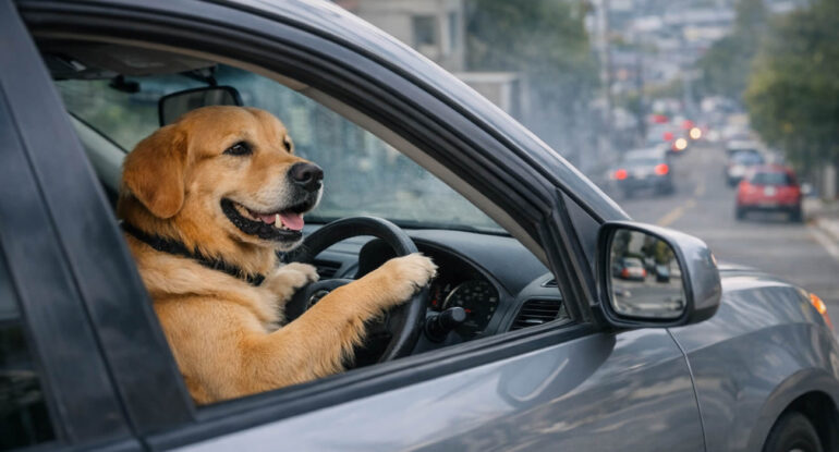 un chien met une voiture en mouvement et provoque un embouteillage